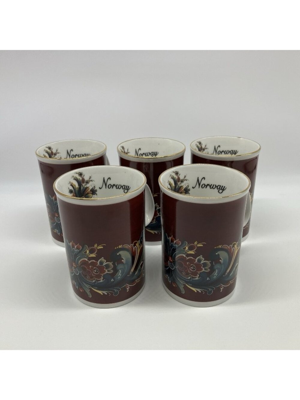 Set of 5 Nord Suvenir Norway Rosemaling Porcelain Mugs Burgundy Floral Gold - Q8